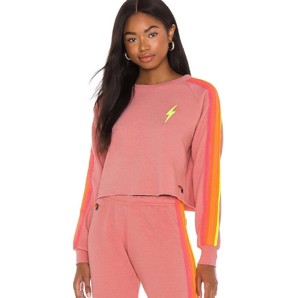 Aviator Nation Bolt Cropped Classic Crewneck Sweatshirt Size S Rose Neon Pink